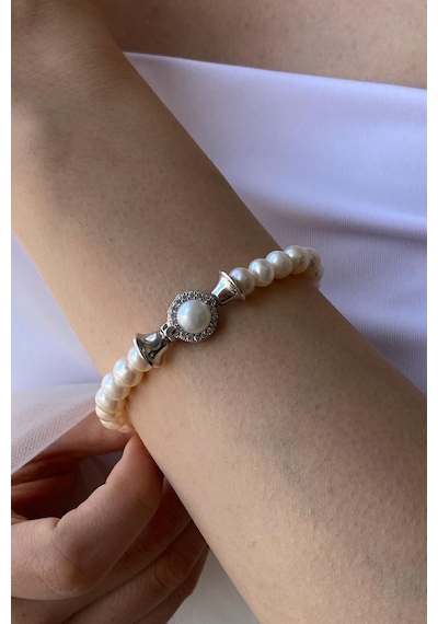 7,5 Mm Kadın Zirkon Taşlı Doğal İnci Bileklik 23 Cm / Beyaz Gümüş