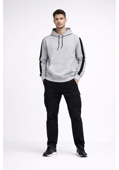 Barlashive Erkek Şeritli Kapüşonlu Oversize Sweatshirt 3 İplik Pamuklu Hoodie - Beyaz Çok Renkli