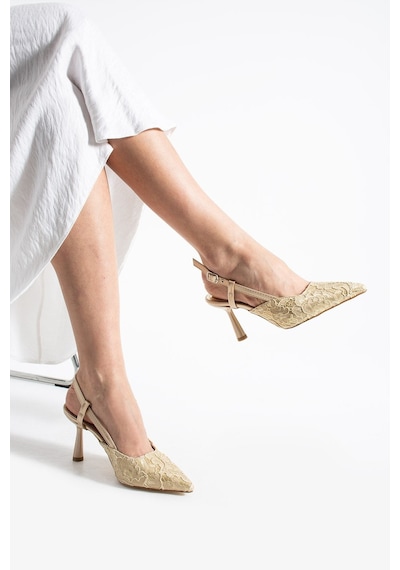 Lebibe Shoes Lısa Kadıngold Sivri Burun 7 Cm Topuklu Çiçek Dantel Desenli Rugan Slingback Ayakkabı Gold