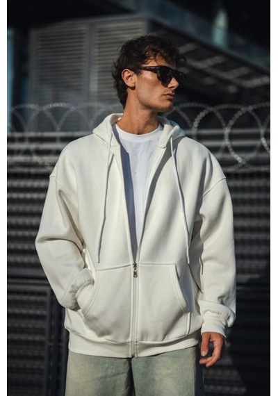 Efnaz Style Oversize Tam Fermuarlı Uzun Kol Hırka - Beyaz