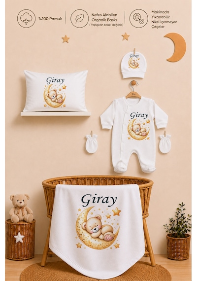Pia Baby Erkek Bebek Hastane Çıkışı Seti 11 Parça %100 Pamuk Kişiye Özel İsim Baskılı 1064110x Ekru