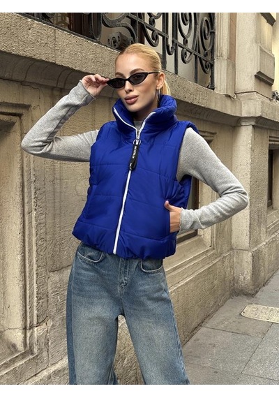 Veraura Lifestyle Saks Mavi Sırtı Taş İşlemeli Dik Yaka Kısa Şişme Yelek