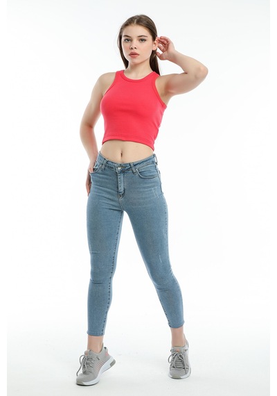 Superlife Süperlife Kadın Crop Örme Arkası Yüksek Yaka Slim Fit Atlet-tişort Spr21y11 Açık Kırmızı