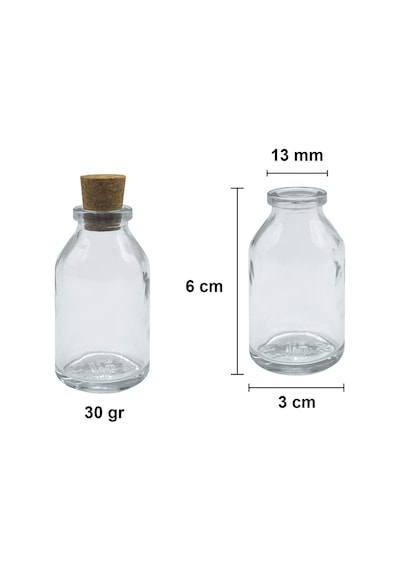 Afracam Şeffaf 25 Ml / 25 Cc Mantar Tıpalı Boş Cam Şişe 12 Adet