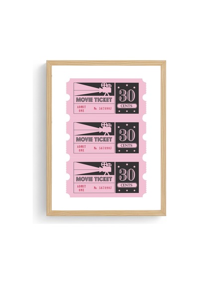 Doğal Ahşap Çerçeveli Retro Sinema Bileti Tablo - Pembe Geçmişten Tasarım Huhu2375