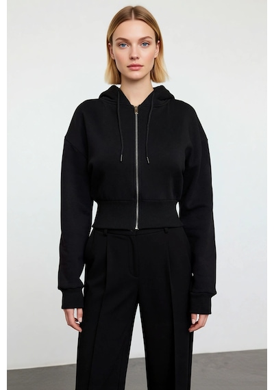 Benerly Kadın Kapüşonlu Fermuarlı Uzun Kollu Örme Sweatshirt Fonksiyonel siyah