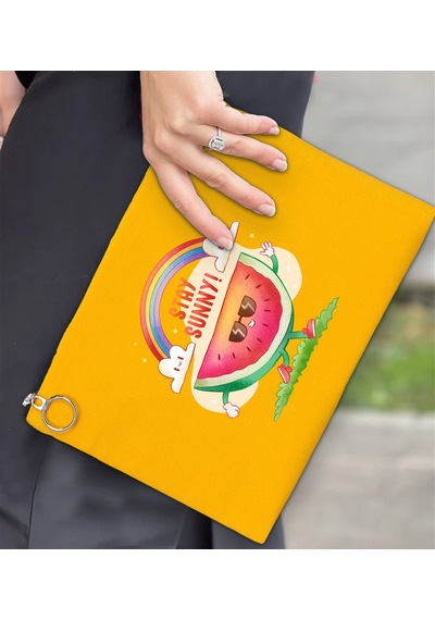 Bk Gift Yaz Temalı-7 Astarlı Sarı Portföy Çanta 30x21cm, Baskılı El Çantası, Organizer Çanta