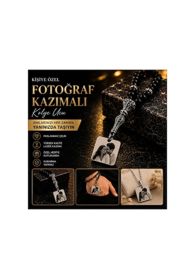 Kişiye Özel Lazer İşlemeli Fotoğraflı Tesbih Kare Anlamlı Hediyen Gümüş