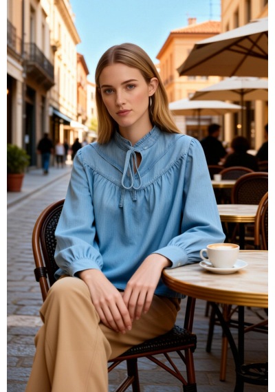 Benerly Kadın Bluz Relaxed Fit Yaka Uzun Kol Denim Kumaş Bağlama Detaylı Mavi