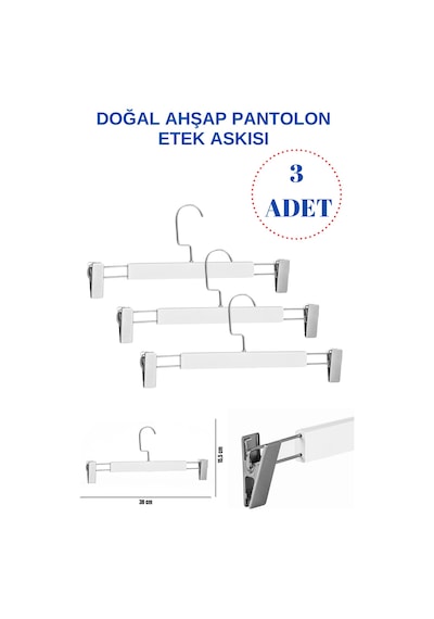 Pantolon Askısı Lamine Beyaz Ahşap Mandallı Etek Askısı A Kalite 3 Adet Diğer