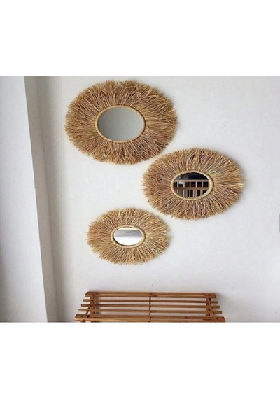 My Golden Beauty Woodda Dekoratif Aynalı Rafya Duvar Süsü Bohemian Style 3 Adet 45 Cm