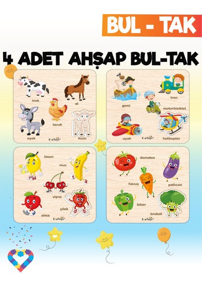 Eğitici 4 Adet Bul-tak Oyuncak Hayvanlar, Taşıtlar, Meyveler Ve Sebzeler