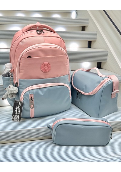 İlk Okul Çantası 3'lü Seti Unisex Çocuk İlkokul Çantası Gry-8010 Pudra-mavi Fuşya
