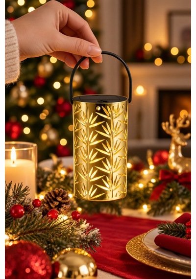 Gold Metal Yapraklı Askılı Pilli Led Fener Halloween Yılbaşı Ramazan Dekor Süsü 12,5 X 7,5 Cm Renkli