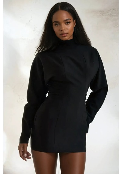 Hiccup Yarasa Kollu Drapeli Bodycon Elbise Siyah