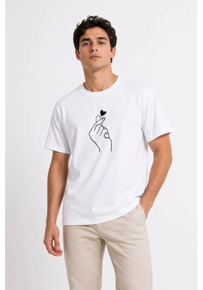 Defymoda Erkek Kore Parmak Kalp Aşk Temalı Minimal Baskılı Tişört Yazlık Kısa Kol T-shirt - Beyaz