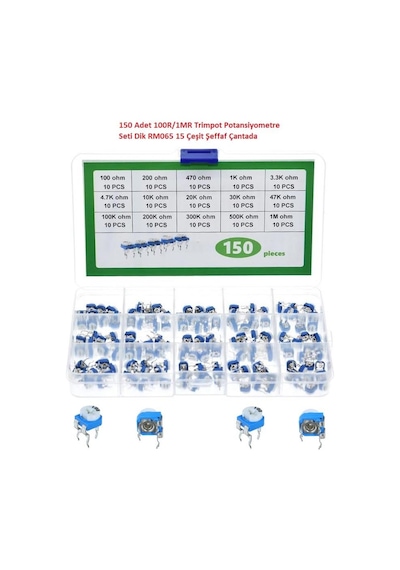 150 Adet 100r/1mr Trimpot Potansiyometre Seti Dik Rm065 15 Çeşit Şeffaf Çantada