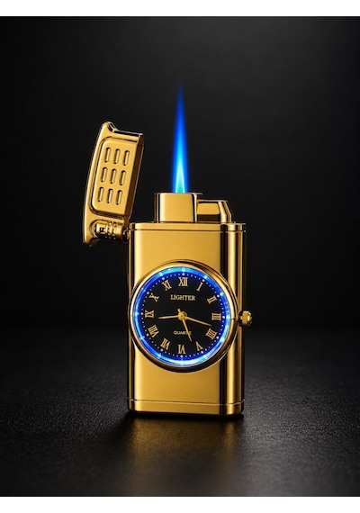 Premium Saatli Ledli Metal Çakmak Özel Lüks Çakmak Prestij Hediye Dolu Gönderim Gold