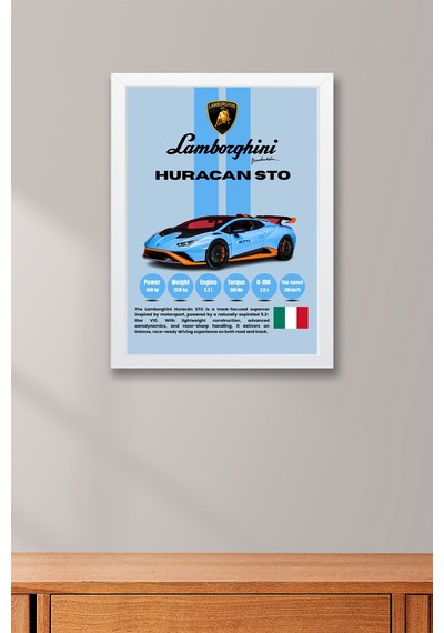 Lamborghini Huracan Sto Premium Araba Tablosu - Teknik Özellikli İtalyan Otomobil Duvar Dekoru Beyaz