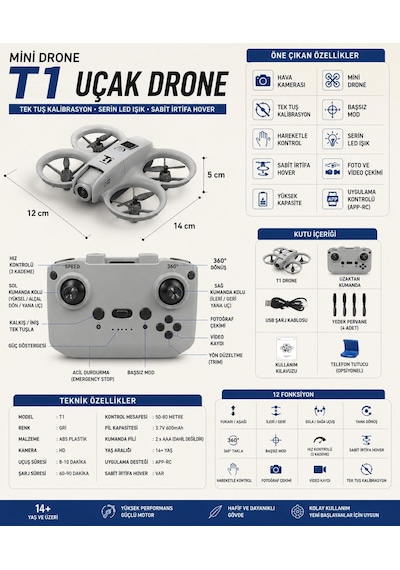 T1 Mini 1080 Full Hd Kameralı 360 Dönüşlü Drone Led Işıklı 4 Pervaneli Dron Sabit İrtifa Asılı Kalma Kameralı Tek Tu Kalibrasyon Hava Dronu Hobi Foto Ve Video Çekimi Uygulamadan Kontrol
