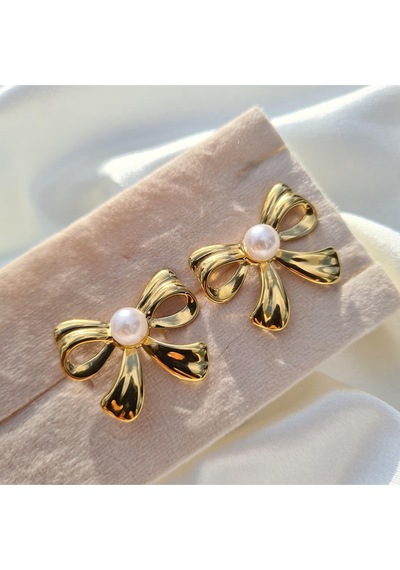 Luxe Pearl Bow Küpe Altın