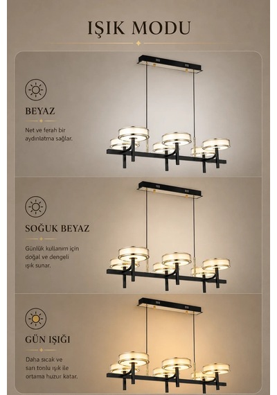 6'lı Modern Premium 3 Renkli Ledli Sarkıt Avizesi Uzun Salon Mutfak Yemek Masası Üstü Modelleri 120w Siyah