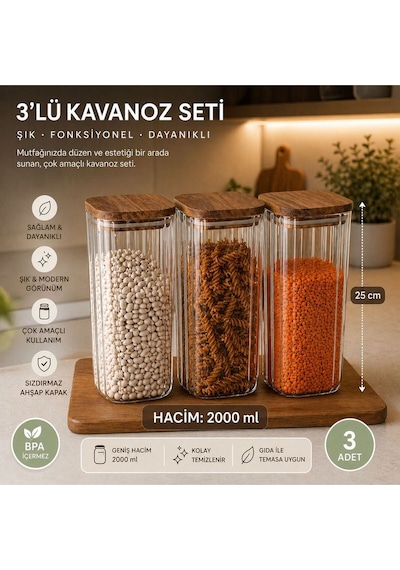 3 Adet Cam 2000 Ml 2 Litre Mega Boy Akasya Vakumlu Kapak Erzak Kavanozu Saklama Kabı Kahverengi