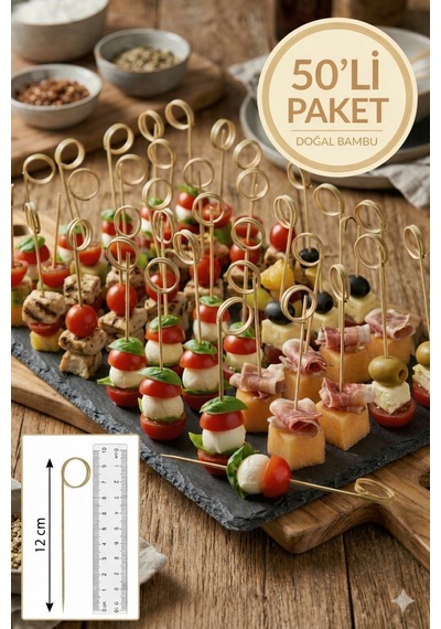 50 Li Pkt 12 Cm Dekoratif Yuvarlak Bambu Kürdan - Kokteyl Kürdanı Parti Sunum Kürdan Seti
