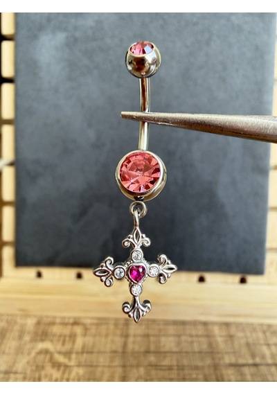 %100 316 L Cerrahi Çelik Gamalı Haç Sallantı Pembe Zirkon 10x1,6mm Göbek Piercing Gümüş
