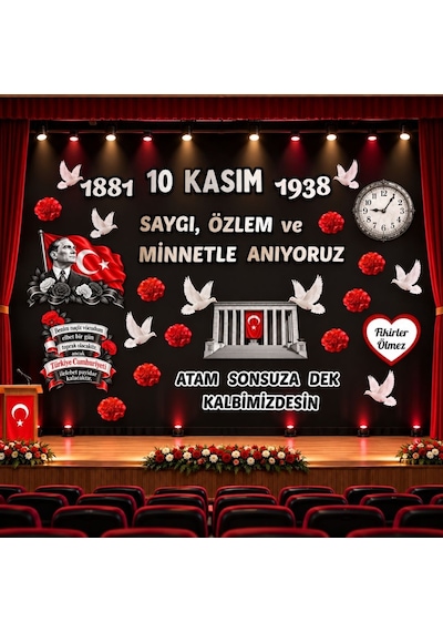 10 Kasım Atatürk'ü Anma Günü Hazır Kesim Sahne Boy Pano Süsü 3,5 X 2,5 M Uyumlu Tüm Yaşlar