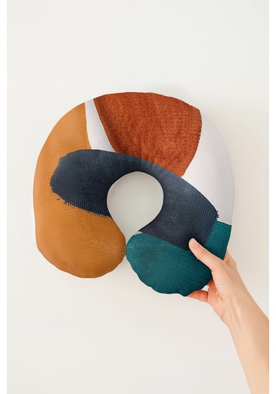 Soyut Renk Bloklu Ergonomik Boyun Yastığı - Modern Turuncu Yeşil Siyah Seyahat Yastığı Sedefli Fırtına Bebek Mavisi