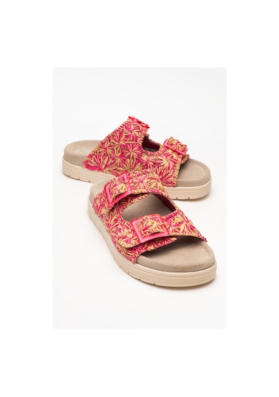 Luvishoes Luvi Shoes Mılana Pembe Desenli Hakiki Deri Tokalı Çift Bantlı Kadın Terlik Pembe