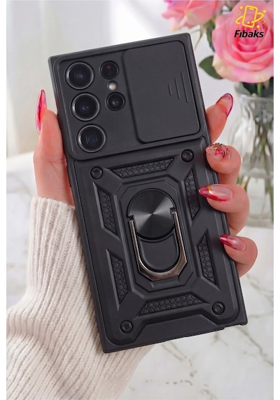 Fibaks Galaxy S22 Ultra Uyumlu Kılıf Kamera Korumalı Sürgülü Yüzüklü Armor Military Tank Zırhlı