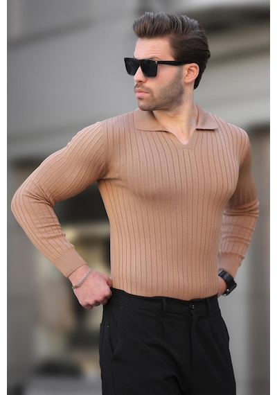 Madmext Camel Polo Yaka Çizgili Uzun Kollu Erkek Kazak 7289 Camel