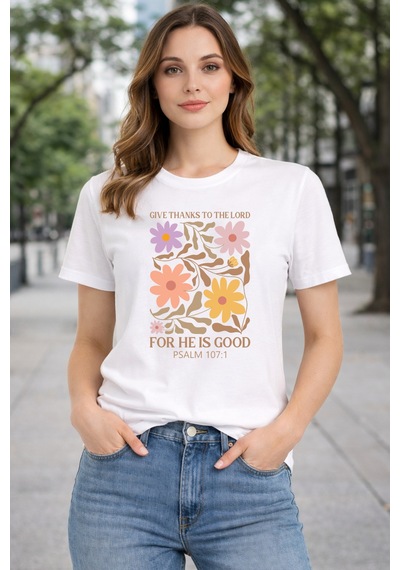 Herkesemoda For He Is Good Baskı Detaylı Basic T-shırt Beyaz