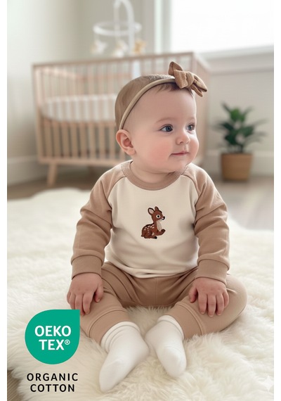 Luppinos Baby Deer Unisex 2li %100 Pamuk Nakışlı İki İplik Alt Üst Takım Bej - Camel