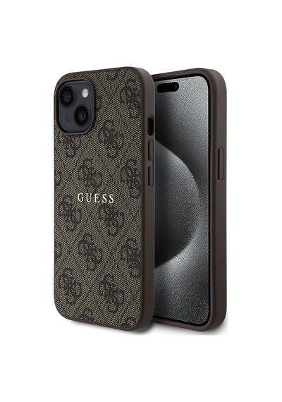 Apple Uyumlu iPhone 15 Kılıf Guess Lisanslı Magsafe Şarj Özellikli 4g Desen Yazı Logolu Kapak Kahverengi
