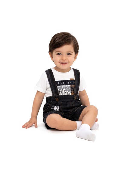 Bebegen Erkek Bebek Beyaz Siyah Percect Yazı Baskılı Kot Salopet 2'li Takım