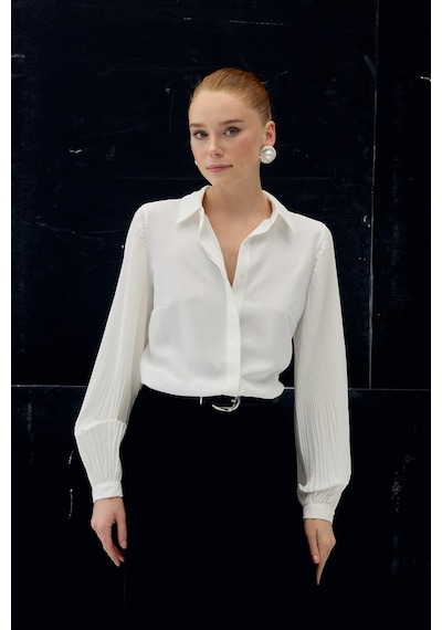 Sateen Plise Kollu Gömlek - Ekru-137087 ekru