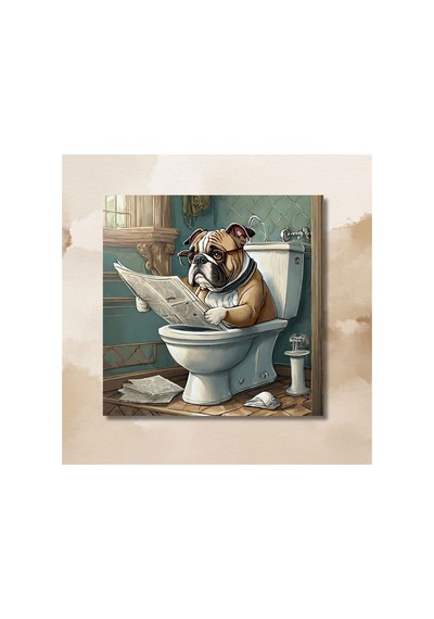 Tekli Kare Kanvas Banyo Tablosu Gazete Okuyan Bulldog Köpek Kanvas Çok Renkli Çerçevesiz