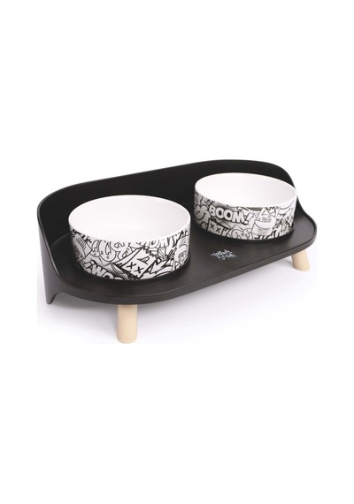 M-pets Altitude Urban Style Double Raised Pet Bowl 2li Siyah Beyaz