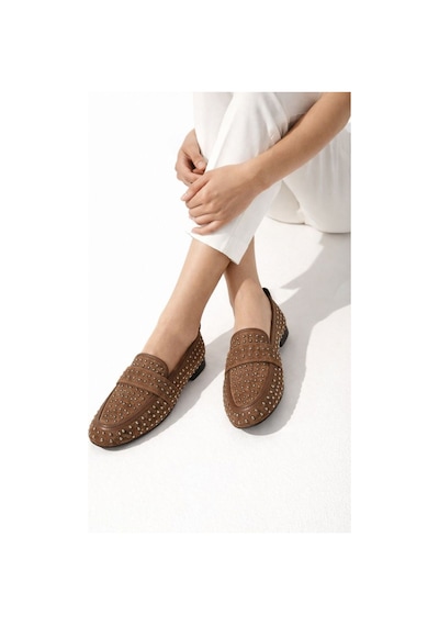 Mery Ceyn Taşlı Küt Kare Loafer Şık Babet Kahverengi