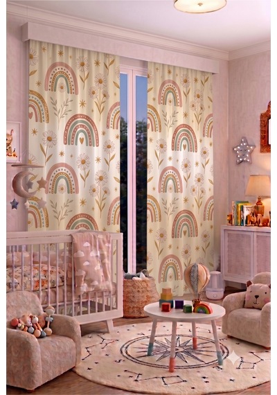Bebek Çocuk Odası Fon Perdesi 140x260 Cm 2 Kanat Sevimli Desenli Dekoratif Dijital Baskılı Premium Çocuk Odası Perdesi