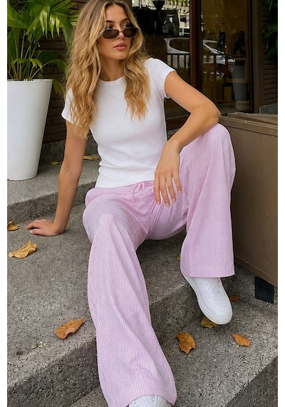 Siyah İnci Üst Pamuklu Fitilli Kaşkorse T-shirt İnce Soft Örme Pijama Takımı 8047 Pembe Çizgili Siyah İnci Üst Pamuklu Fitilli Kaşkorse T-shirt İnce Soft Örme Pijama Takımı 8047 Pembe Çizgili