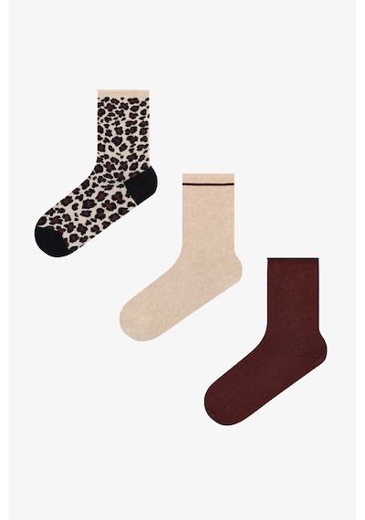 Penti Bordo Bej Relax Leopar Pamuklu 3 Çift Soket Çorap Çok Renkli