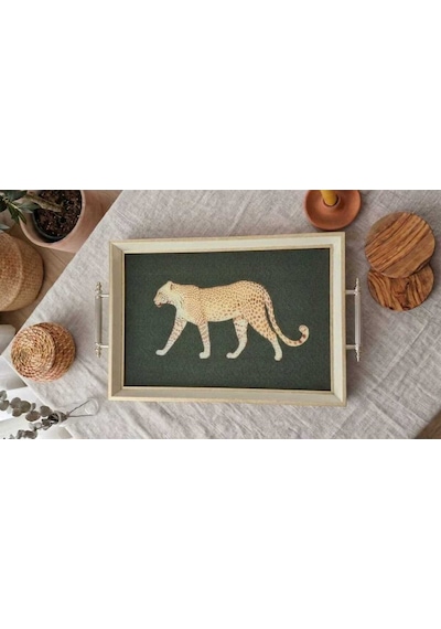 Leopar Desenli Dekoratif Tepsi Krem Gold Çerçeveli Ve Kulplu Çay Kahve & Sunum Tepsisi