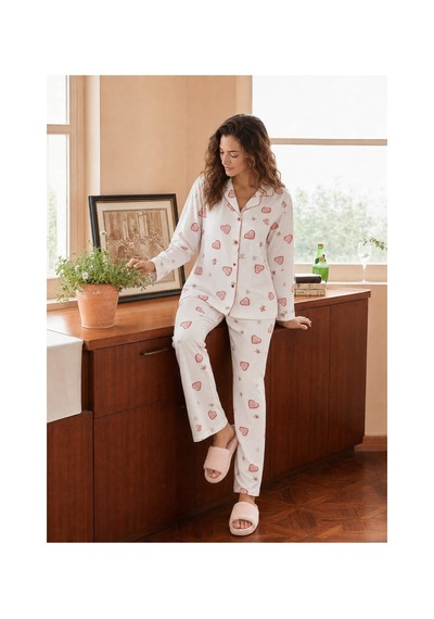 Pemilo Kadın 8241 Kaskorse Uzun Kol Düğmeli Pijama Takımı Ekru