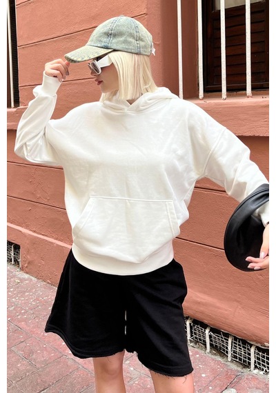 Ekru Kapüşonlu Oversize Cepli Sweatshirt Mg2207