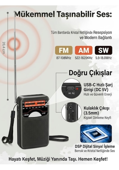 Şarjlı Cep Radyosu Fm Am Sw 3 Bant Deprem Çantası İçin Küçük El Radyosu
