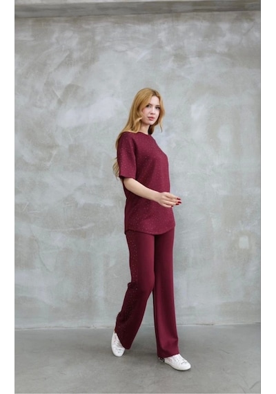 Defymoda Osy Modal Yumuşak Dokulu Kumaş Bisiklet Yaka Taş Detaylı Kısa Kollu Takım - Bordo Bordo Defymoda Osy Modal Yumuşak Dokulu Kumaş Bisiklet Yaka Taş Detaylı Kısa Kollu Takım - Bordo Bordo
